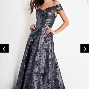 Off-Shoulder Jovani 03674 Metallic Jacquard A-Line Evening Gown